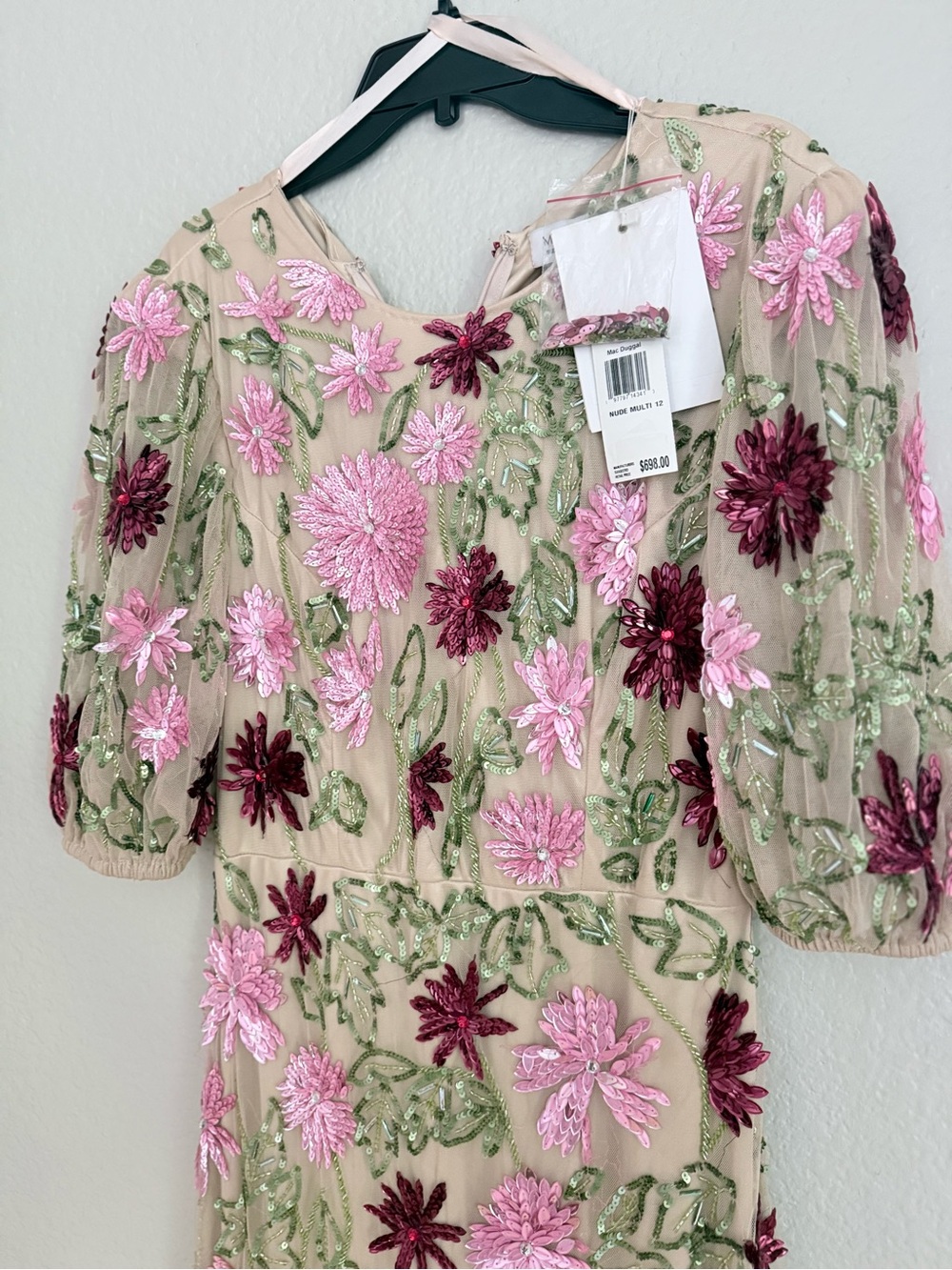 Mac Duggal Beige Maxi Dress with Pink & Burgundy Floral Embroidery - Picture 9 of 10